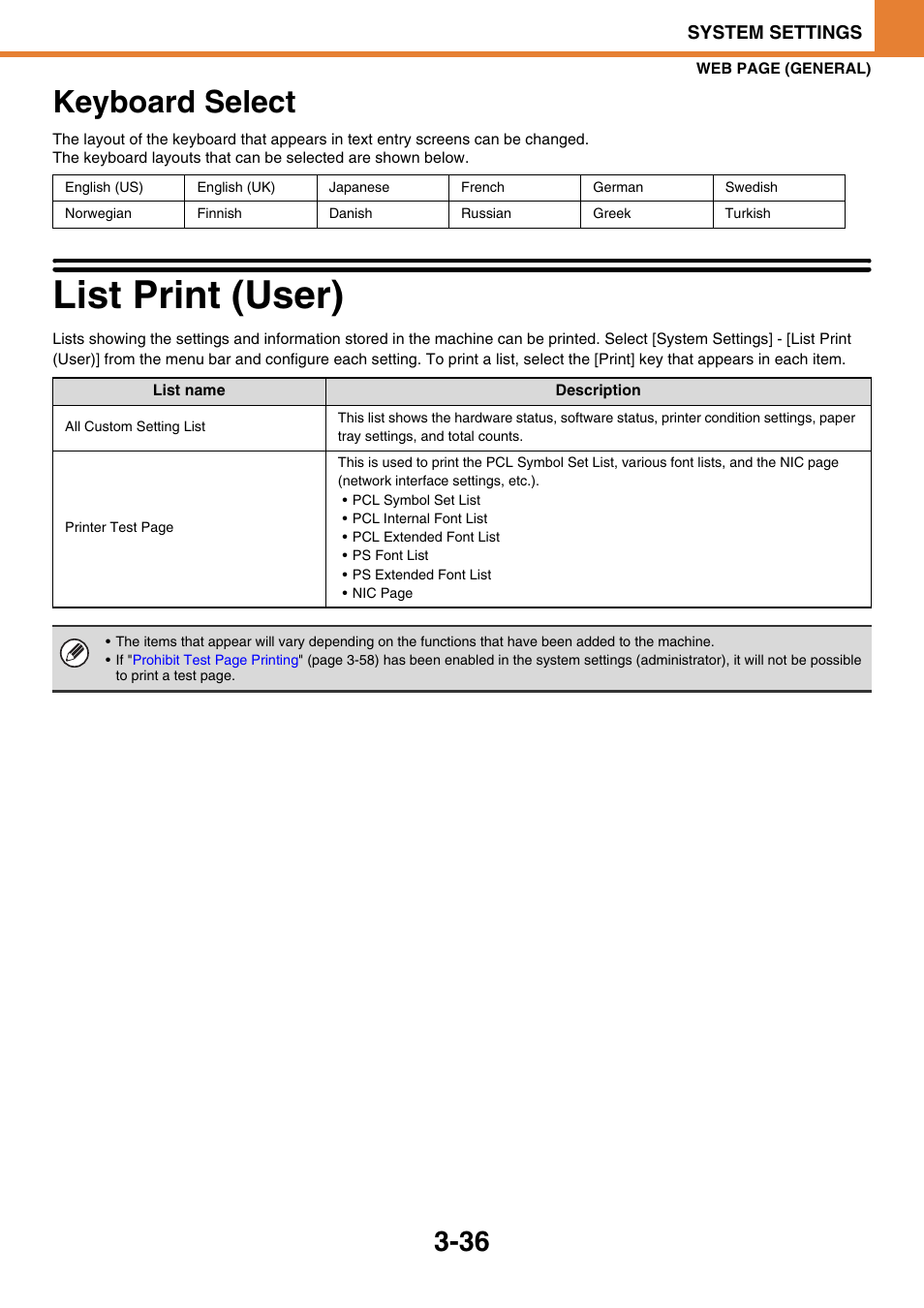 Keyboard select -36, List print (user) -36, Keyboard select | List print (user) | Sony MX-C400P User Manual | Page 204 / 257