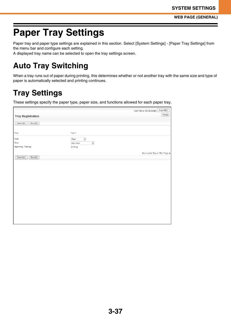 Paper tray settings -37, Auto tray switching -37, Tray settings -37 | Paper tray settings, Auto tray switching, Tray settings | Sony MX-C400P User Manual | Page 205 / 257