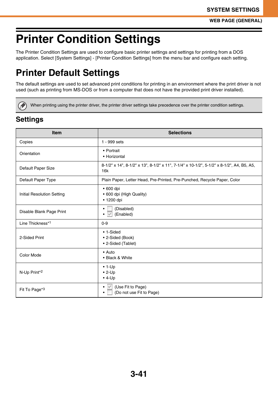 Printer condition settings -41, Printer default settings -41, Printer condition settings | Printer default settings, Settings | Sony MX-C400P User Manual | Page 209 / 257