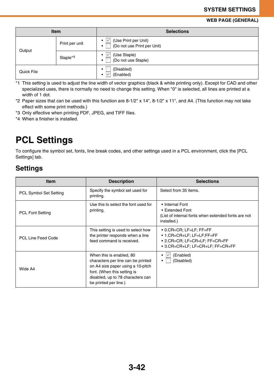 Pcl settings -42, Pcl settings, Settings | System settings | Sony MX-C400P User Manual | Page 210 / 257