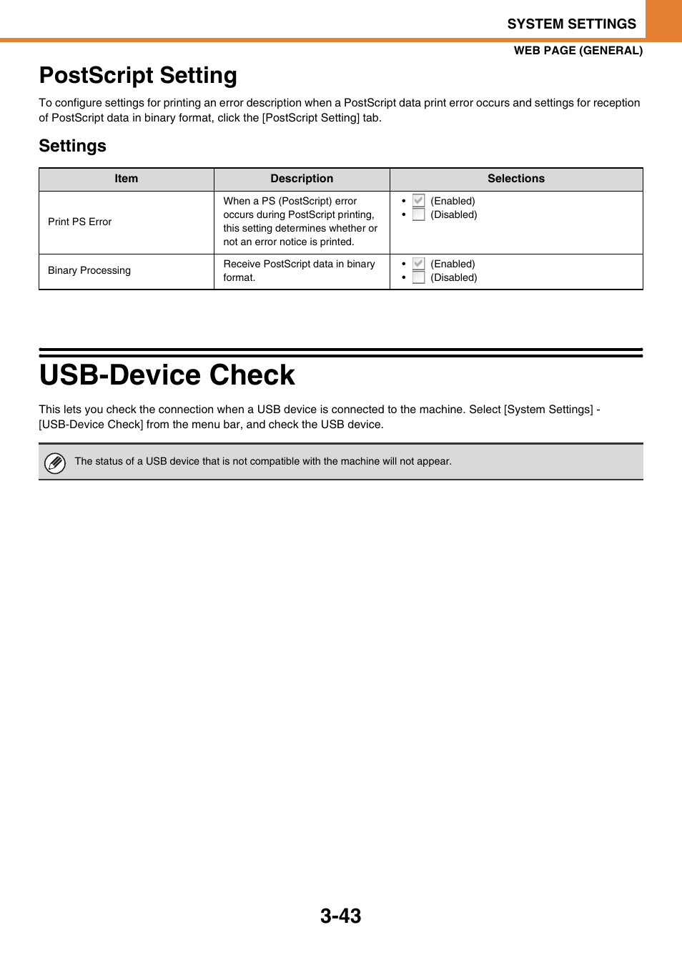 Postscript setting -43, Usb-device check -43, Postscript setting | Usb-device check, Settings | Sony MX-C400P User Manual | Page 211 / 257