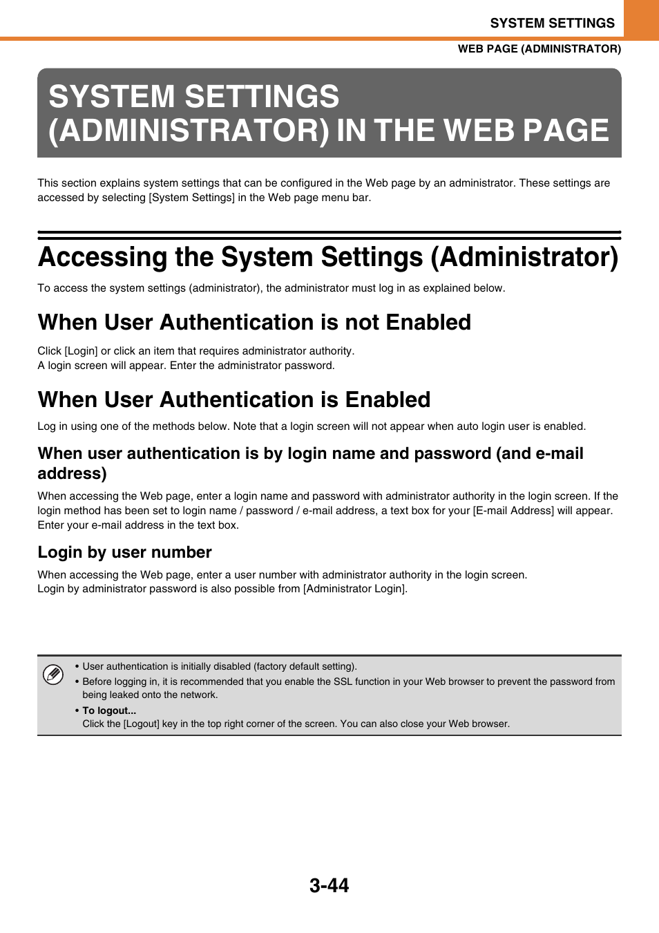 Accessing the system settings (administrator) -44, When user authentication is not enabled -44, When user authentication is enabled -44 | System settings (administrator) in the, System settings (administrator) in the web page, Accessing the system settings (administrator), When user authentication is not enabled, When user authentication is enabled | Sony MX-C400P User Manual | Page 212 / 257