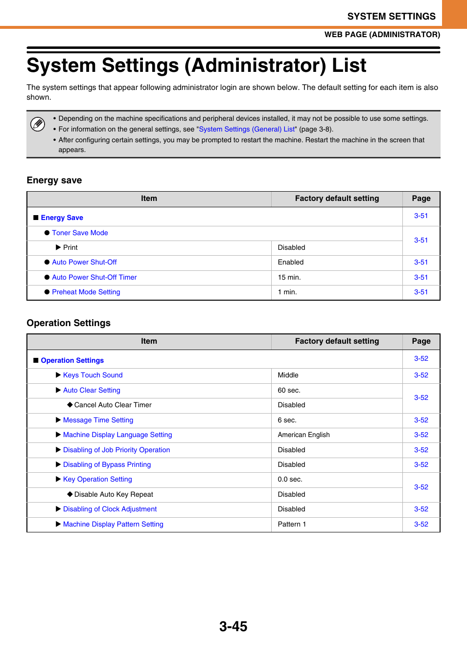 System settings (administrator) list, System settings (administrator) list -45, E 3-45) | System settings, Energy save operation settings | Sony MX-C400P User Manual | Page 213 / 257