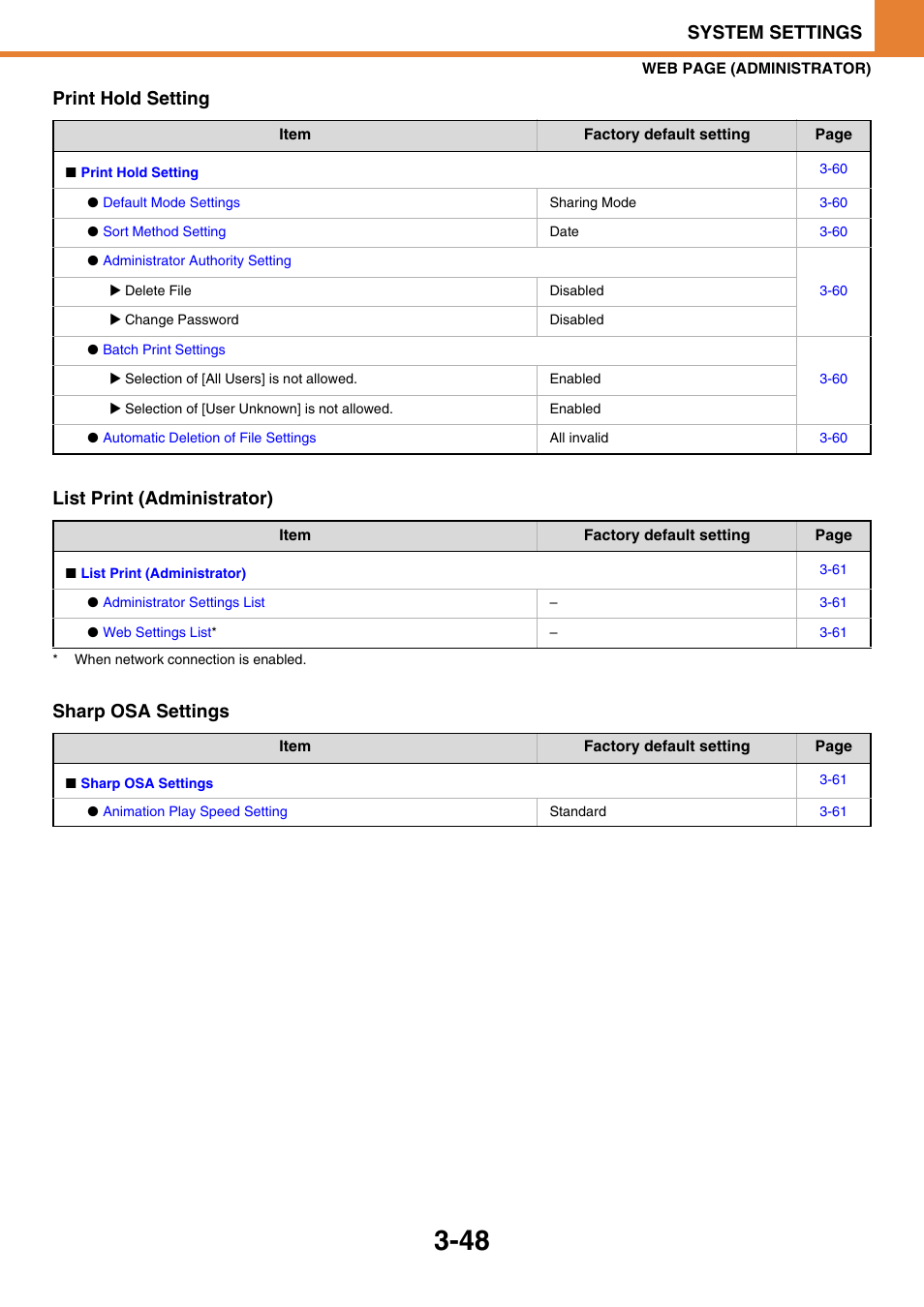 System settings, Print hold setting list print (administrator), Sharp osa settings | Sony MX-C400P User Manual | Page 216 / 257