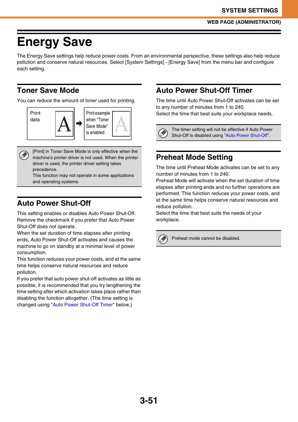 Energy save -51, Energy save, Toner save mode | Auto power shut-off, Auto power shut-off timer, Preheat mode setting | Sony MX-C400P User Manual | Page 219 / 257