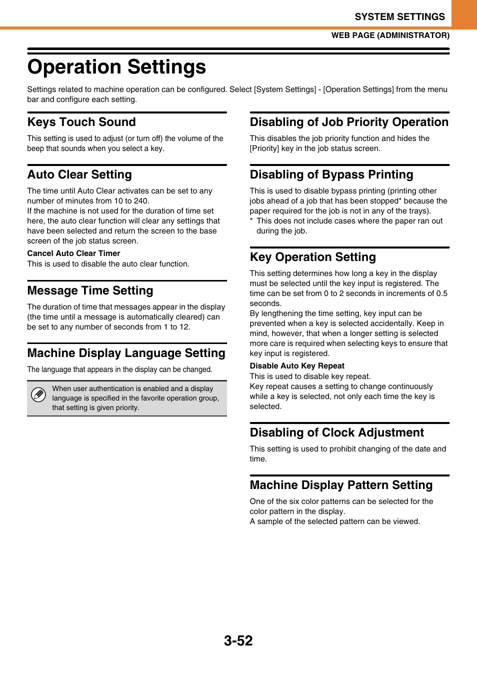 Operation settings -52, Operation settings, Keys touch sound | Auto clear setting, Message time setting, Machine display language setting, Disabling of job priority operation, Disabling of bypass printing, Key operation setting, Disabling of clock adjustment | Sony MX-C400P User Manual | Page 220 / 257