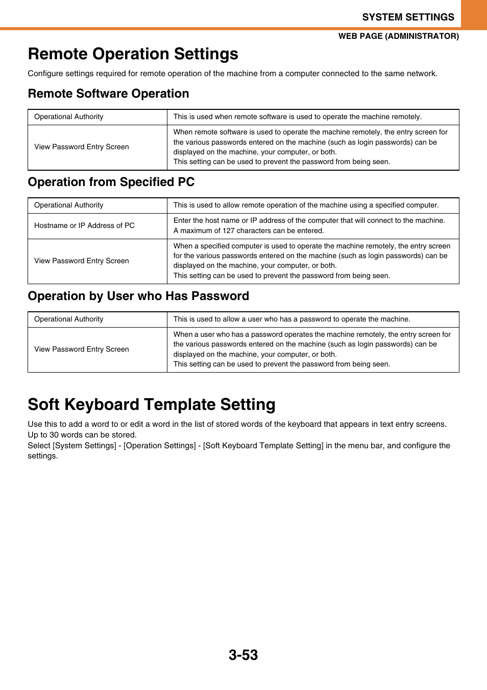 Remote operation settings, E 3-53, Remote operation settings -53 | Soft keyboard template setting -53, Soft keyboard template setting | Sony MX-C400P User Manual | Page 221 / 257