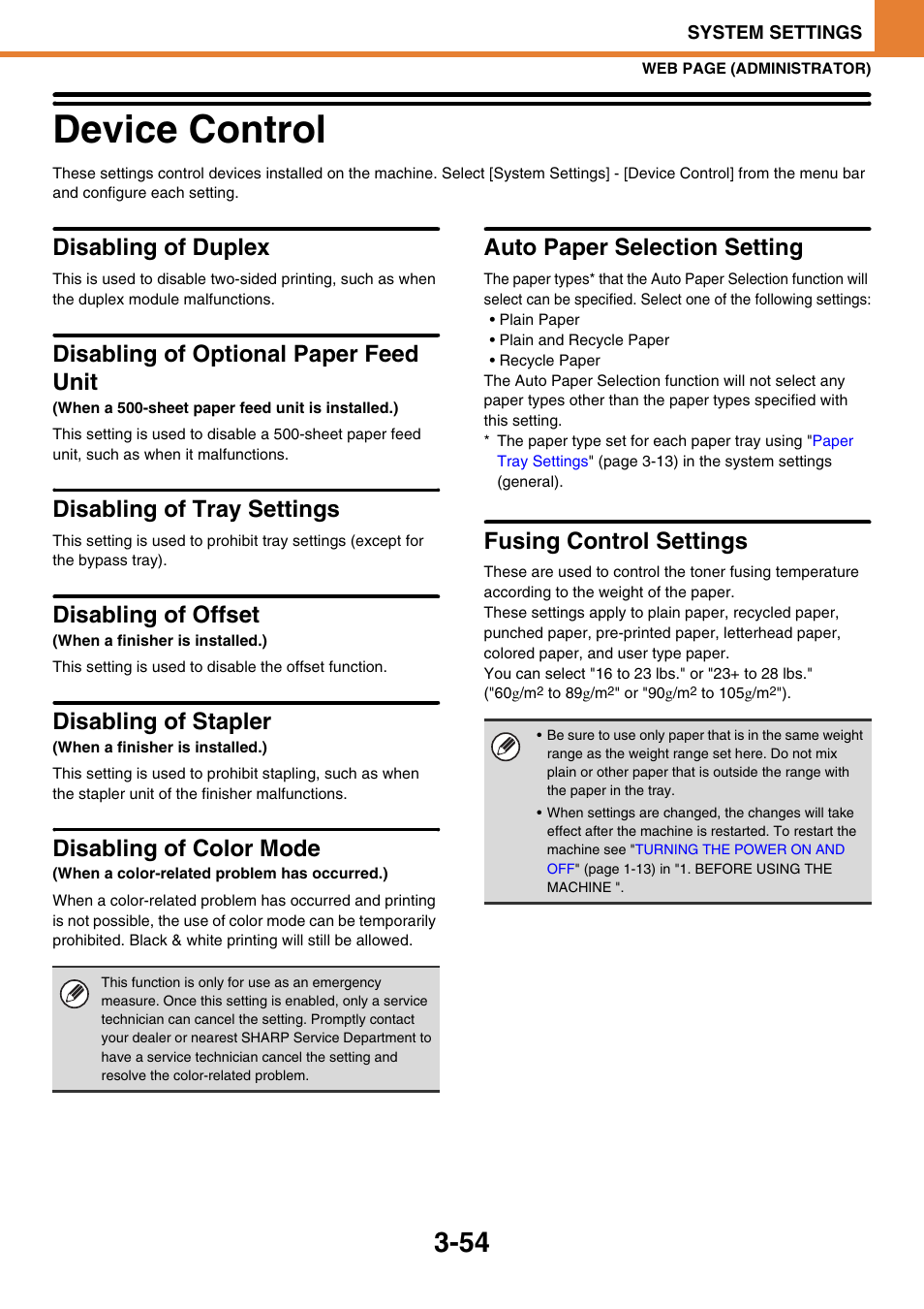 Device control -54, Disabling of tray settings, Device control | Disabling of duplex, Disabling of optional paper feed unit, Disabling of offset, Disabling of stapler, Disabling of color mode, Auto paper selection setting, Fusing control settings | Sony MX-C400P User Manual | Page 222 / 257