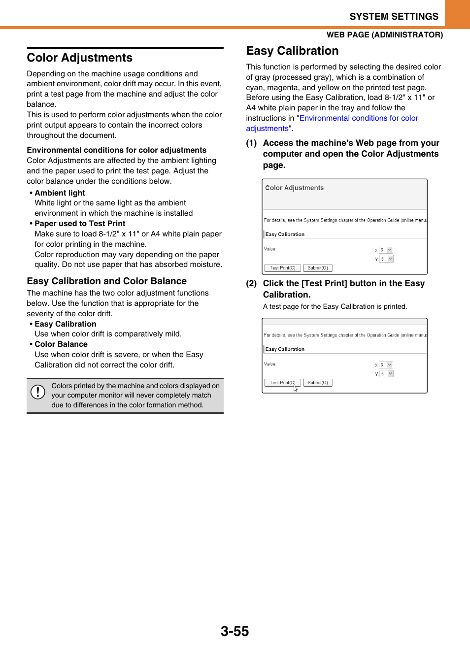 Color adjustments, Easy calibration | Sony MX-C400P User Manual | Page 223 / 257