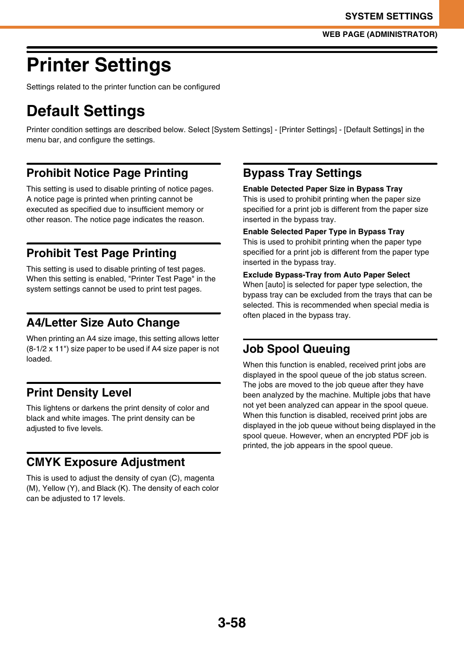 Printer settings -58, Default settings -58, Printer settings | Default settings, A4/letter size auto change, Print density level, Cmyk exposure adjustment, Bypass tray settings, Enable detected paper size in bypass tray, Enable selected paper type in bypass tray | Sony MX-C400P User Manual | Page 226 / 257