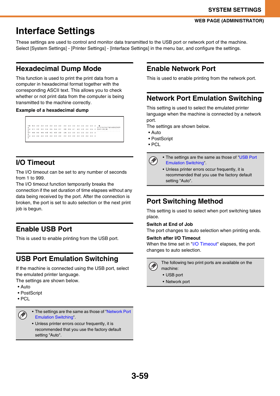 Interface settings -59, Interface settings, Hexadecimal dump mode | I/o timeout, Enable usb port, Usb port emulation switching, Enable network port, Network port emulation switching, Port switching method | Sony MX-C400P User Manual | Page 227 / 257