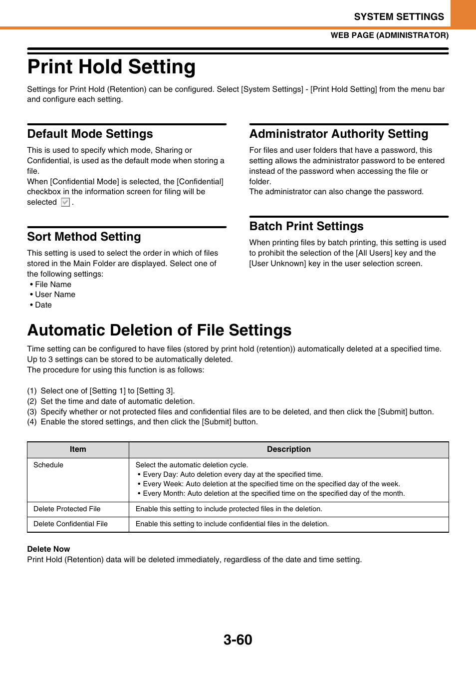 Print hold setting -60, Automatic deletion of file settings -60, Print hold setting | Default mode settings, Sort method setting, Administrator authority setting, Batch print settings, Automatic deletion of file settings | Sony MX-C400P User Manual | Page 228 / 257