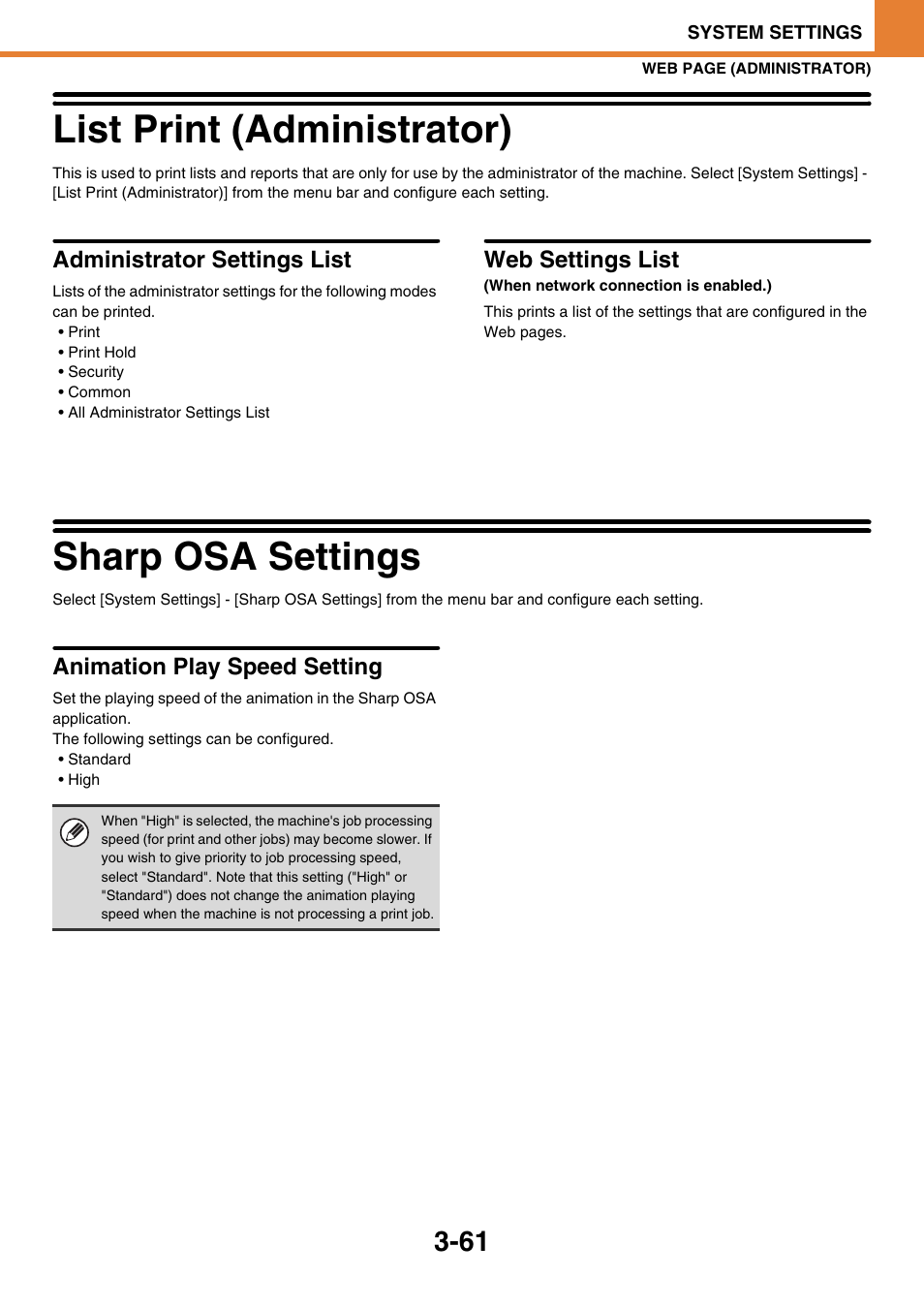 List print (administrator) -61, Sharp osa settings -61, List print (administrator) | Administrator settings list, Web settings list, Sharp osa settings, Animation play speed setting | Sony MX-C400P User Manual | Page 229 / 257