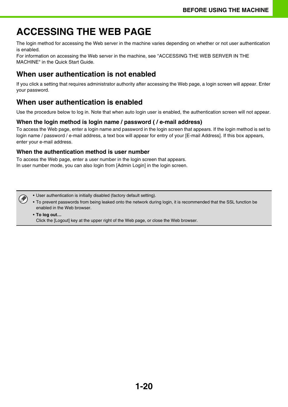 Accessing the web page, When user authentication is not enabled, When user authentication is enabled | Sony MX-C400P User Manual | Page 23 / 257