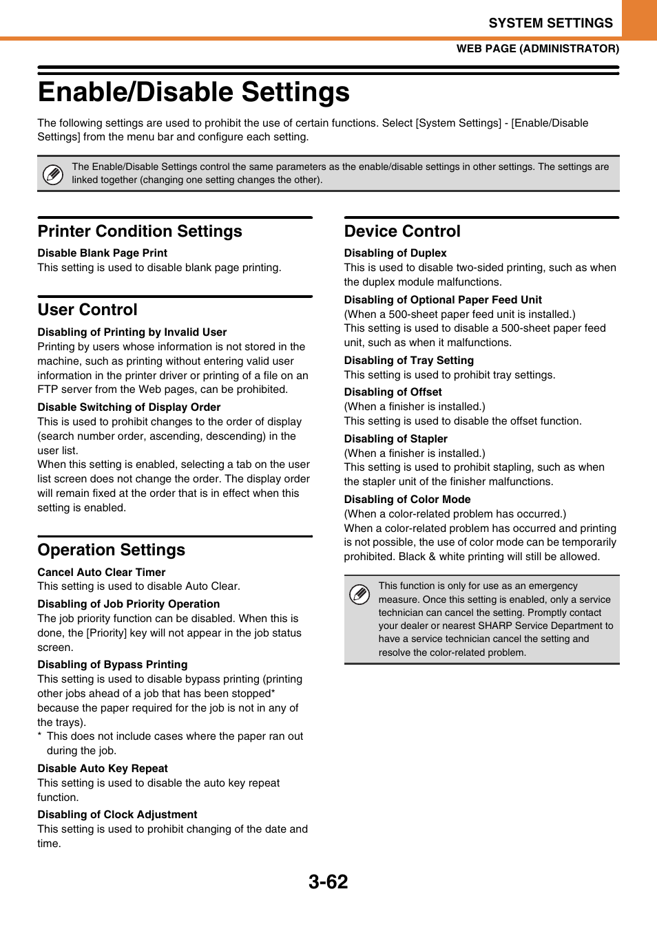 Enable/disable settings -62, Enable/disable settings, Printer condition settings | User control, Disabling of printing by invalid user, Disable switching of display order, Operation settings, Cancel auto clear timer, Disabling of job priority operation, Disabling of bypass printing | Sony MX-C400P User Manual | Page 230 / 257