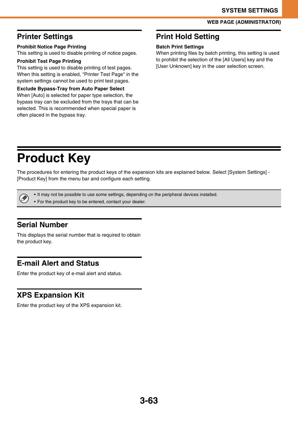 Product key -63, Printer settings, Exclude bypass-tray from auto paper select | Print hold setting, Batch print settings, Product key, Serial number, E-mail alert and status, Xps expansion kit | Sony MX-C400P User Manual | Page 231 / 257