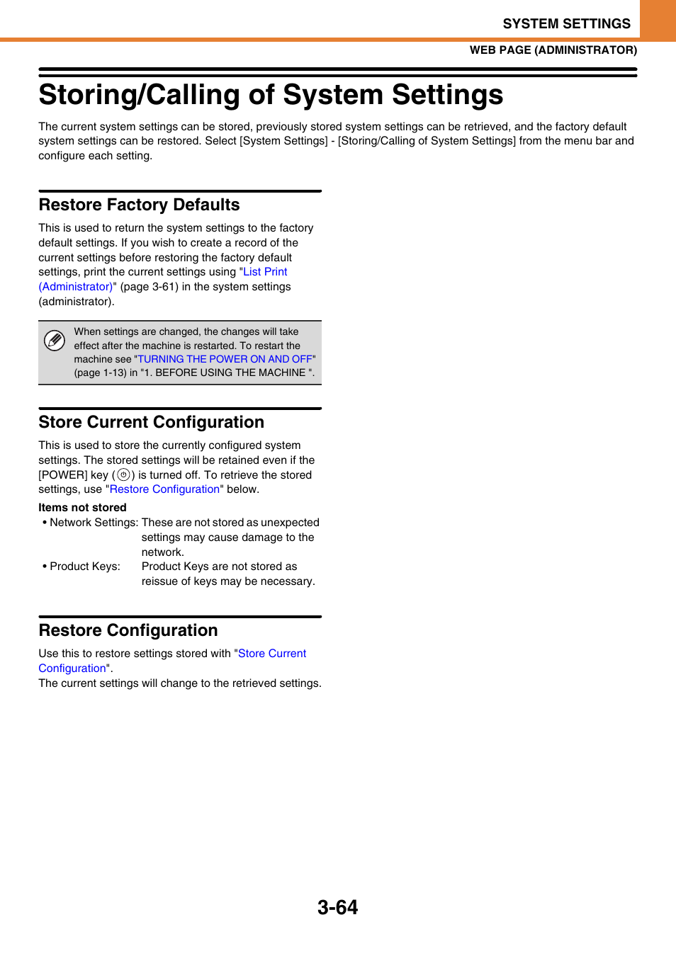 Storing/calling of system settings -64, Storing/calling of system settings, Restore factory defaults | Store current configuration, Restore configuration | Sony MX-C400P User Manual | Page 232 / 257