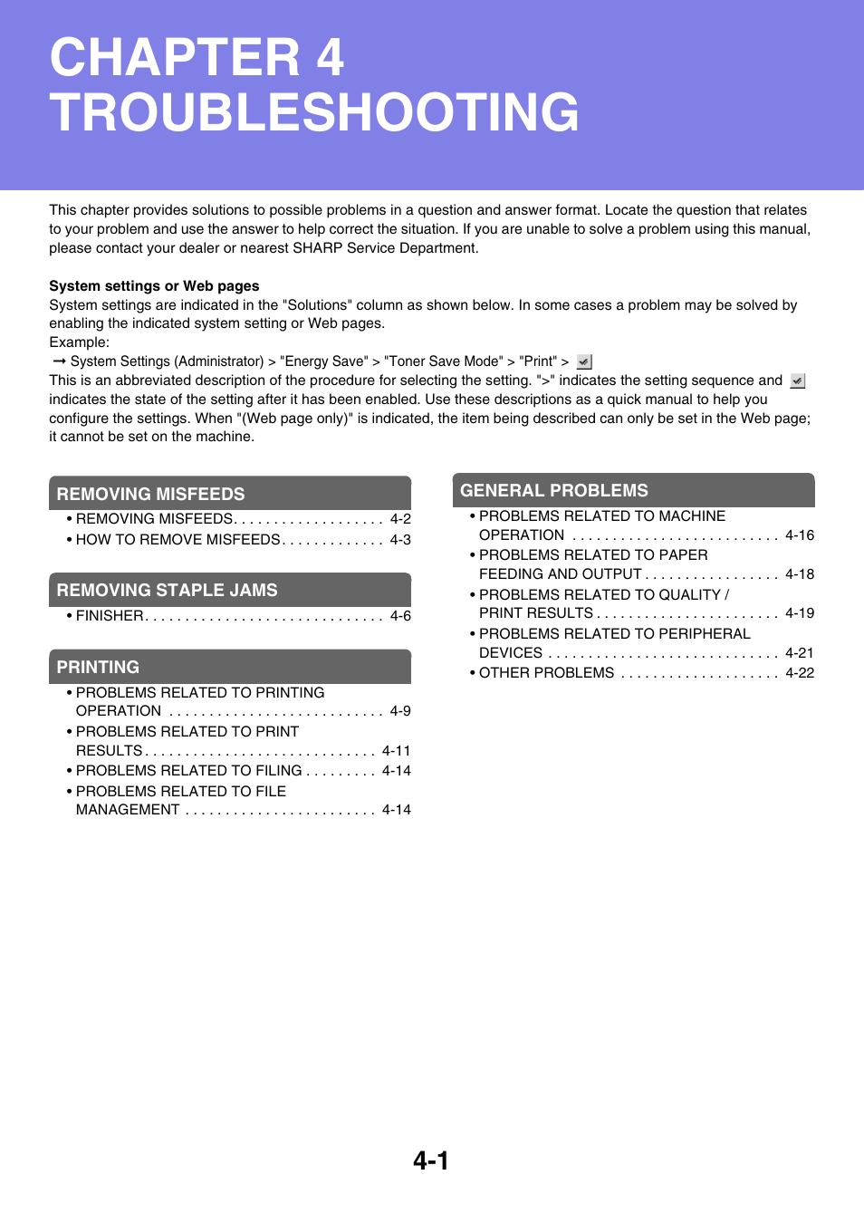 Troubleshooting, Chapter 4 troubleshooting | Sony MX-C400P User Manual | Page 235 / 257