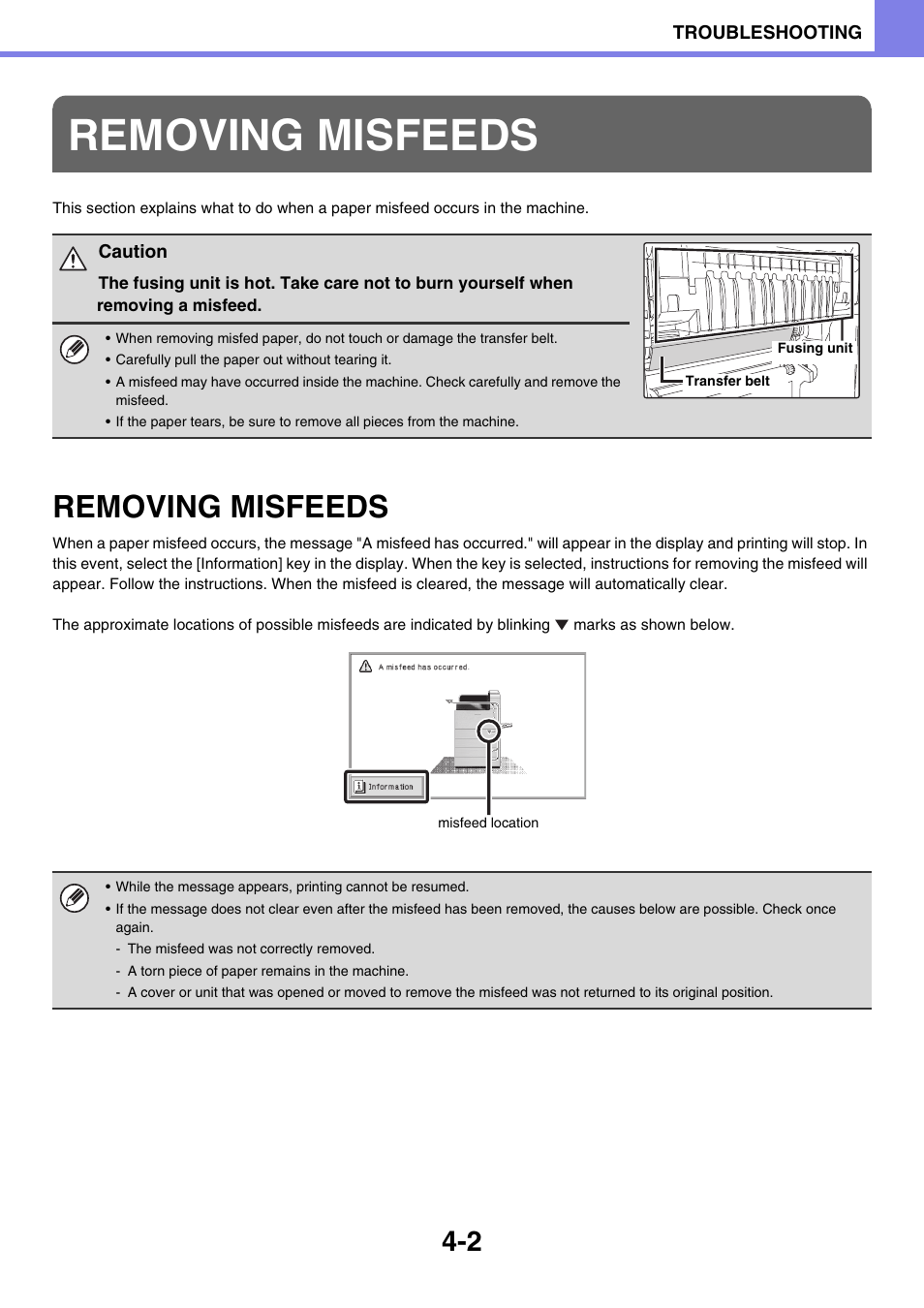 Troubleshooting, Removing misfeeds, Ge 4-2) | Removing misfeeds -2 | Sony MX-C400P User Manual | Page 236 / 257