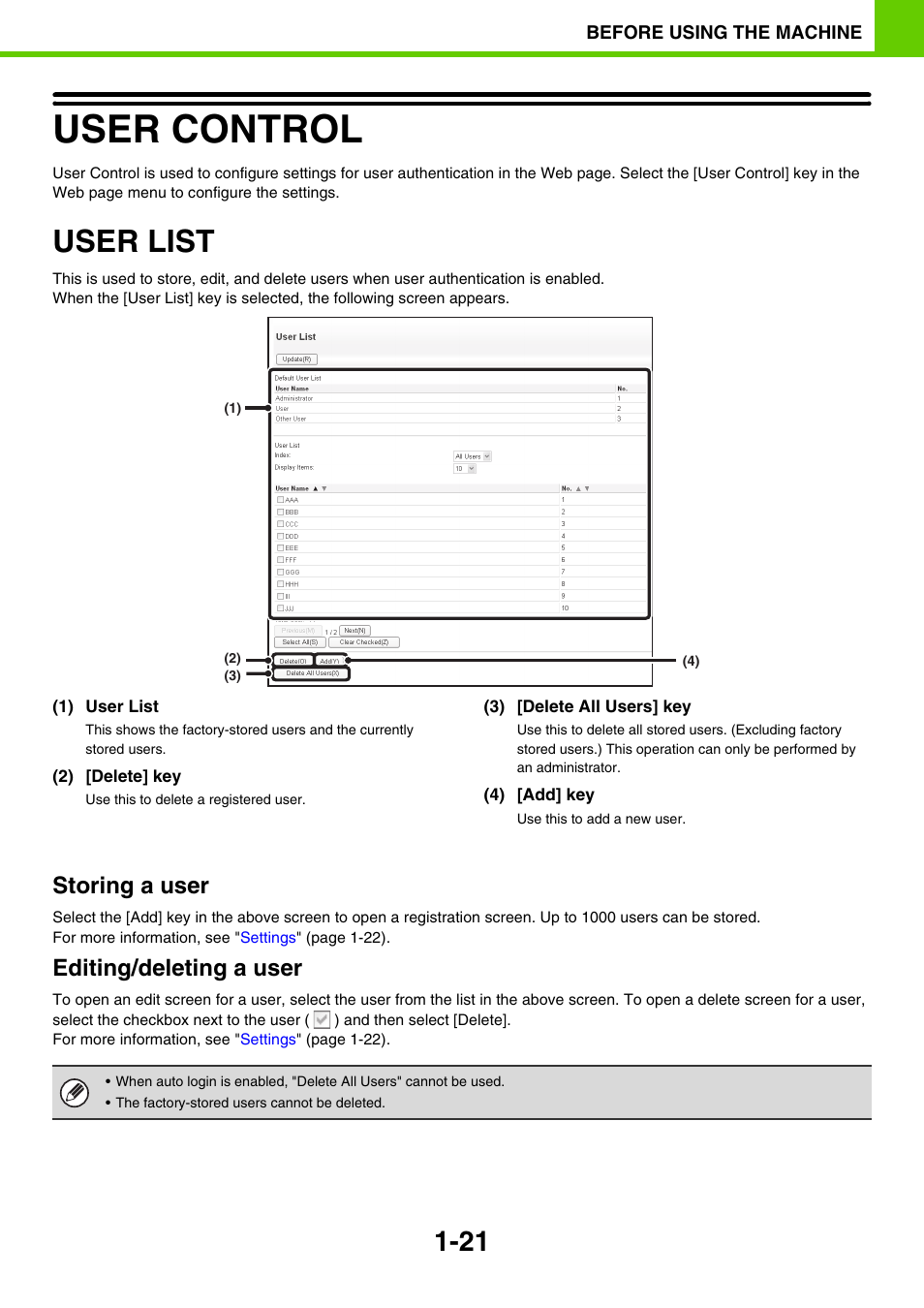 User control -21, User list -21, User control | User list, Storing a user, Editing/deleting a user | Sony MX-C400P User Manual | Page 24 / 257