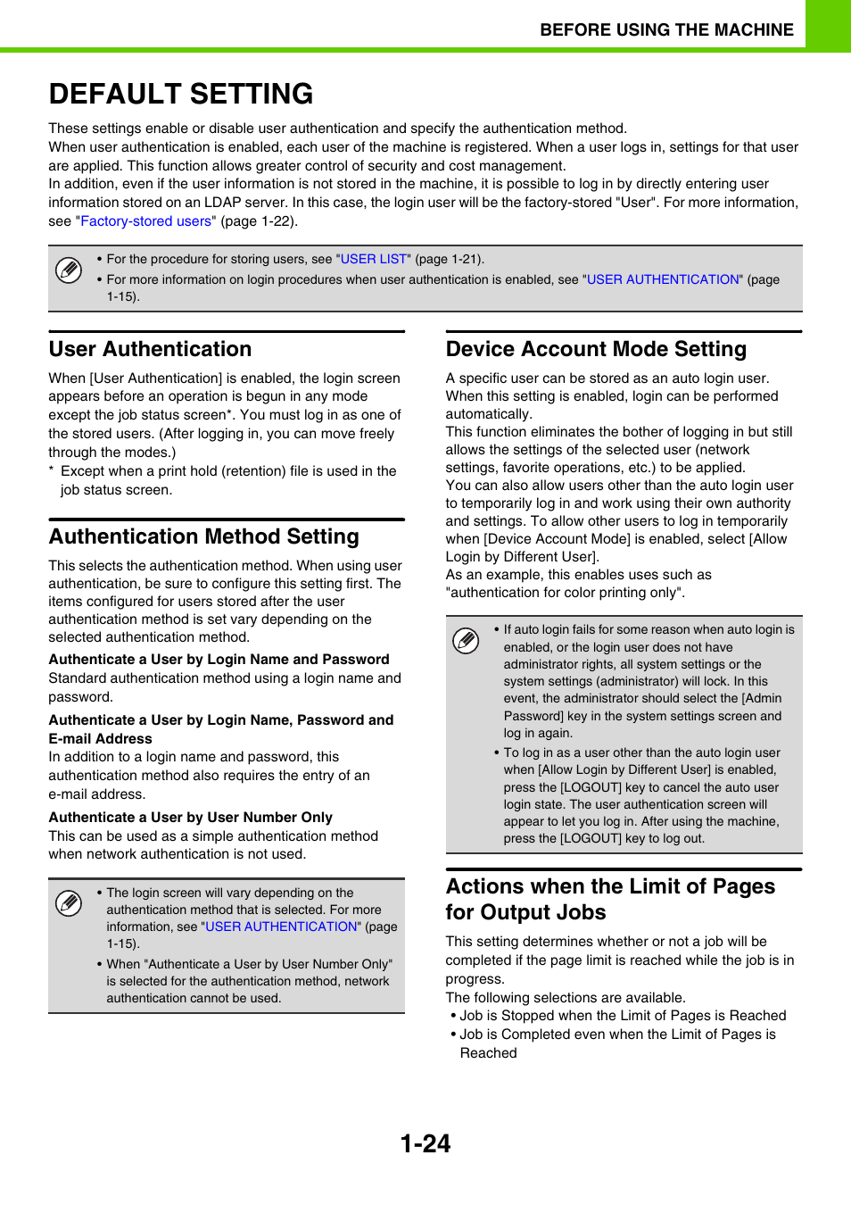 Default setting -24, Default setting, User authentication | Authentication method setting, Device account mode setting, Actions when the limit of pages for output jobs | Sony MX-C400P User Manual | Page 27 / 257