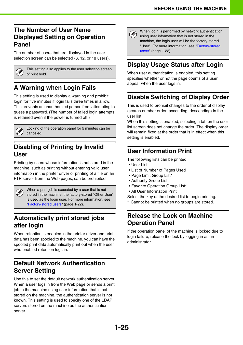 A warning when login fails, Disabling of printing by invalid user, Automatically print stored jobs after login | Default network authentication server setting, Display usage status after login, Disable switching of display order, User information print, Release the lock on machine operation panel | Sony MX-C400P User Manual | Page 28 / 257