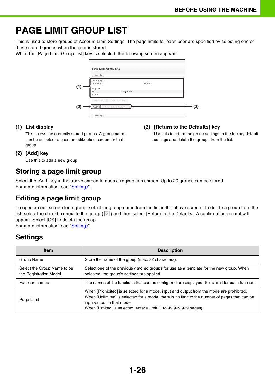 Page limit group list, Storing a page limit group, Editing a page limit group | Settings | Sony MX-C400P User Manual | Page 29 / 257