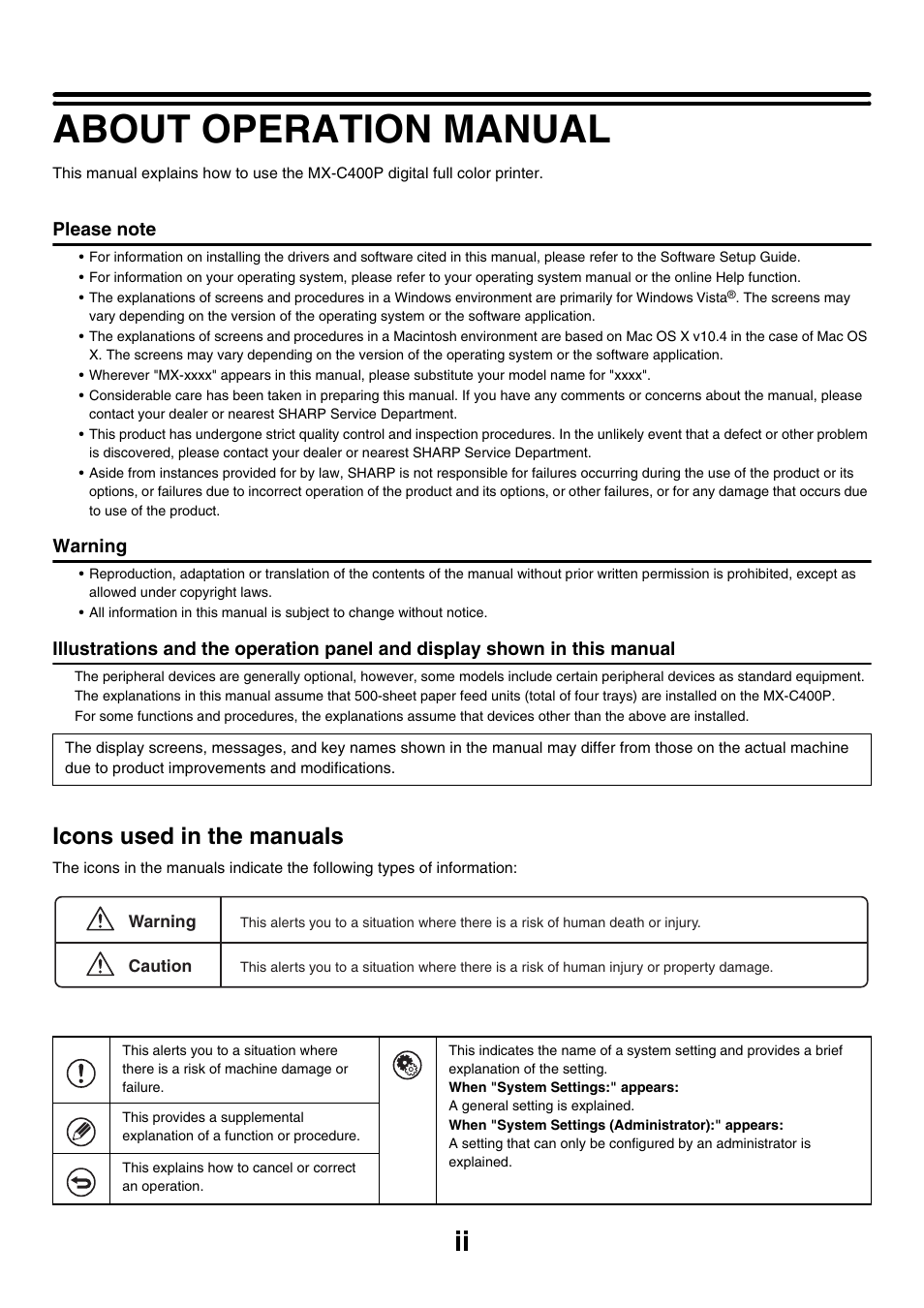 About operation manual, Icons used in the manuals | Sony MX-C400P User Manual | Page 3 / 257