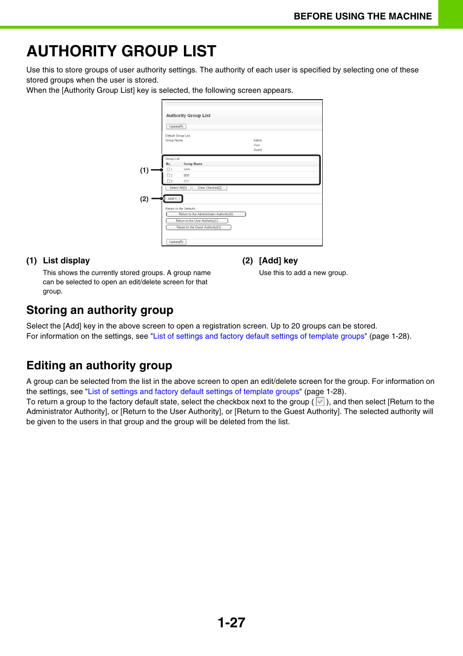 Authority group list -27, Authority group list, Storing an authority group | Editing an authority group | Sony MX-C400P User Manual | Page 30 / 257