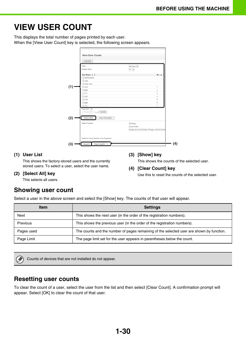 View user count -30, View user count, Showing user count | Resetting user counts | Sony MX-C400P User Manual | Page 33 / 257