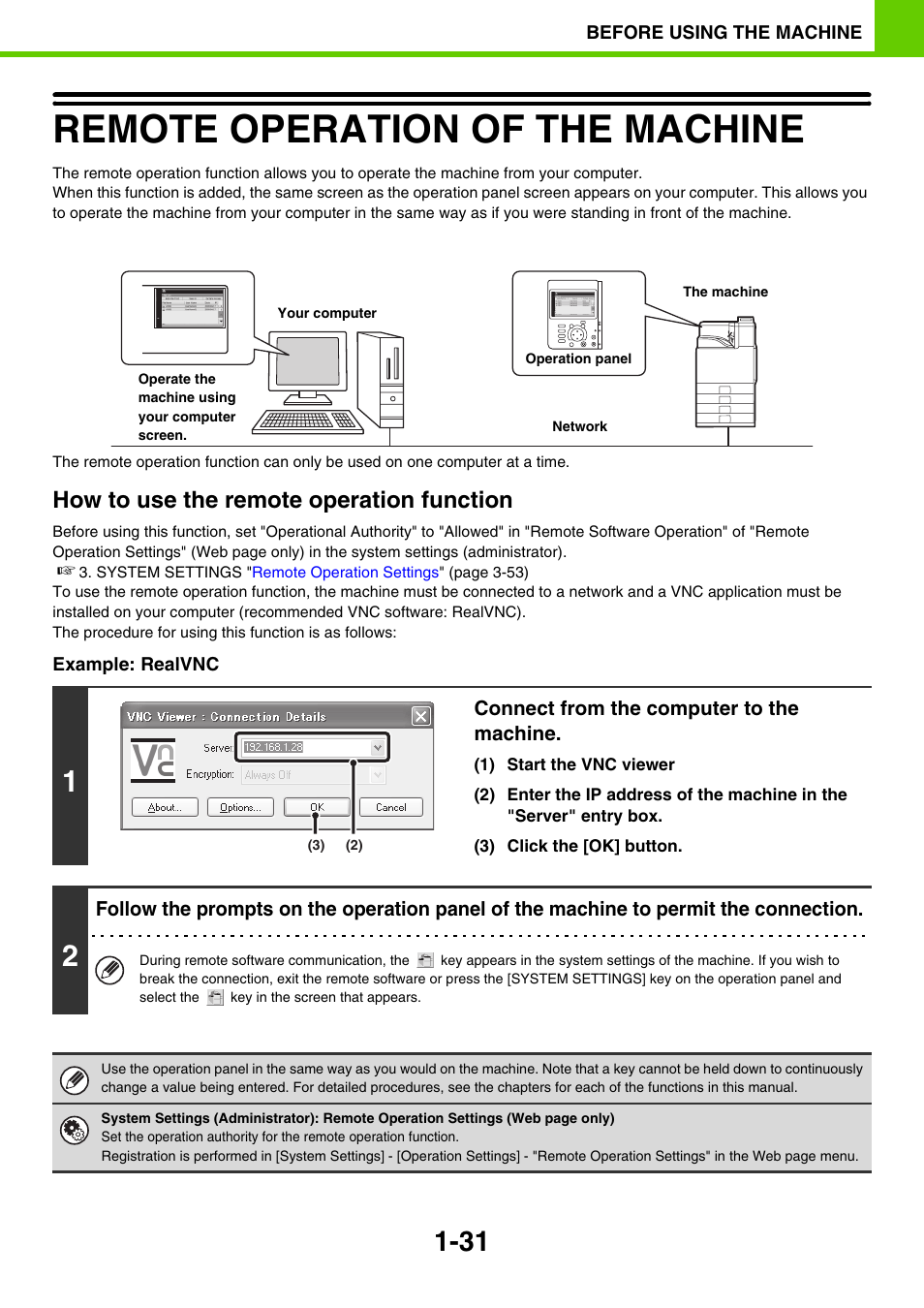 Remote operation of the machine -31, Remote operation of the machine, How to use the remote operation function | Sony MX-C400P User Manual | Page 34 / 257