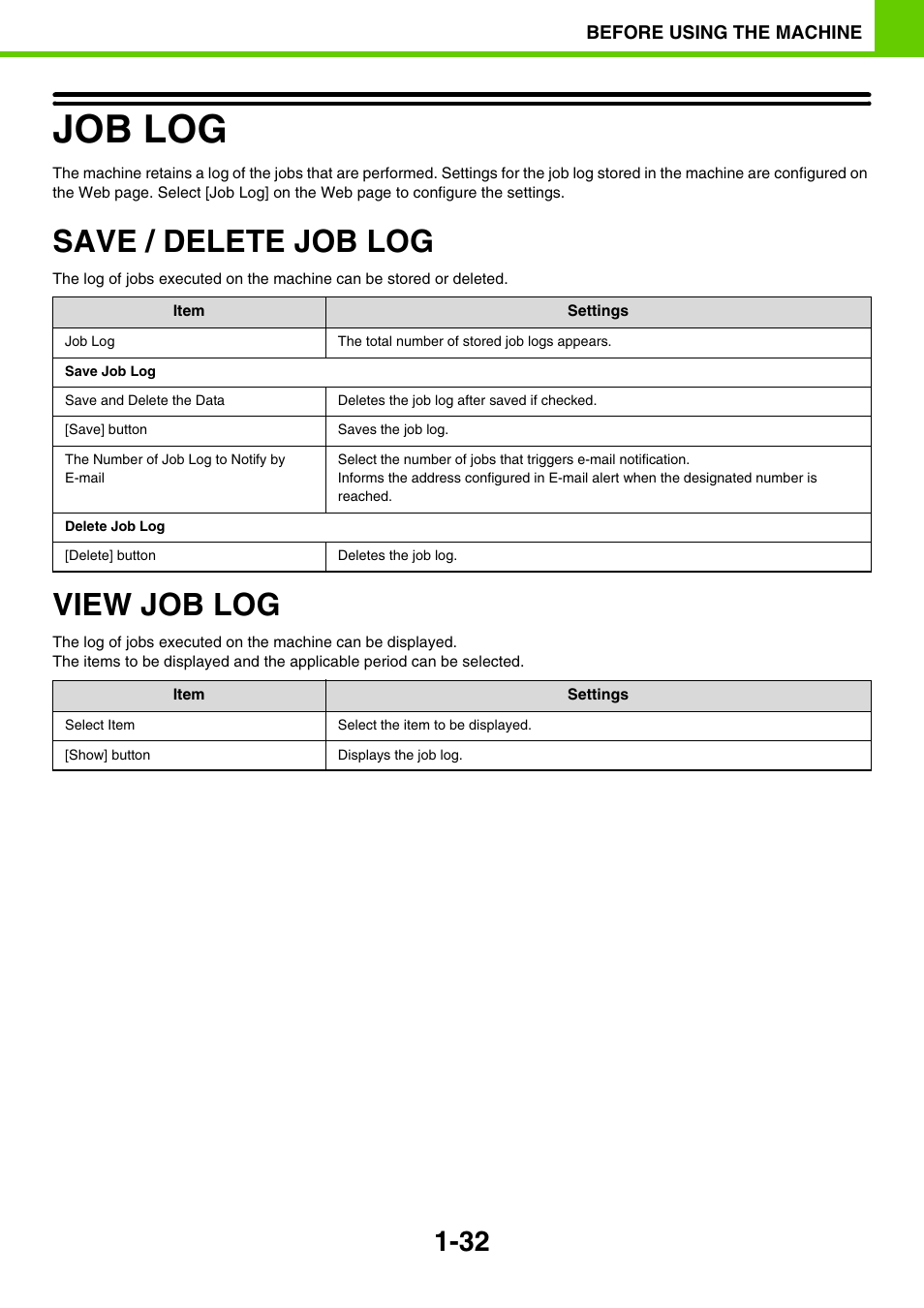 Job log -32, Save / delete job log -32, View job log -32 | Job log, Save / delete job log, View job log | Sony MX-C400P User Manual | Page 35 / 257