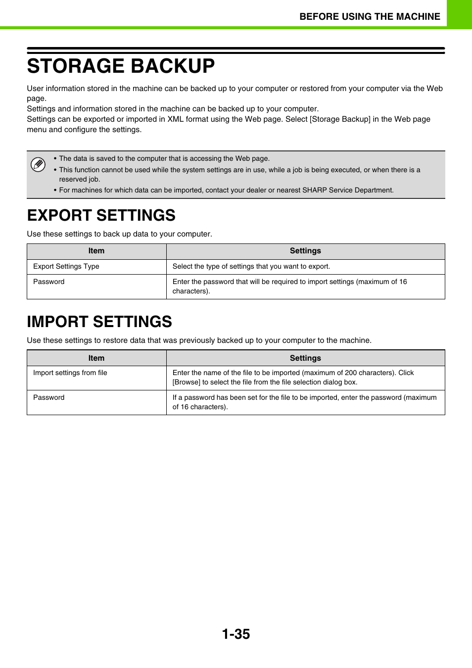 Storage backup -35, Export settings -35, Import settings -35 | Storage backup, Export settings, Import settings | Sony MX-C400P User Manual | Page 38 / 257