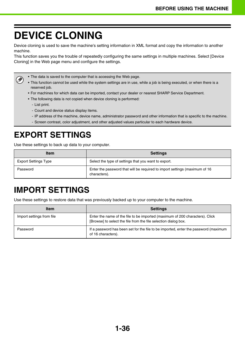 Device cloning -36, Export settings -36, Import settings -36 | Device cloning, Export settings, Import settings | Sony MX-C400P User Manual | Page 39 / 257