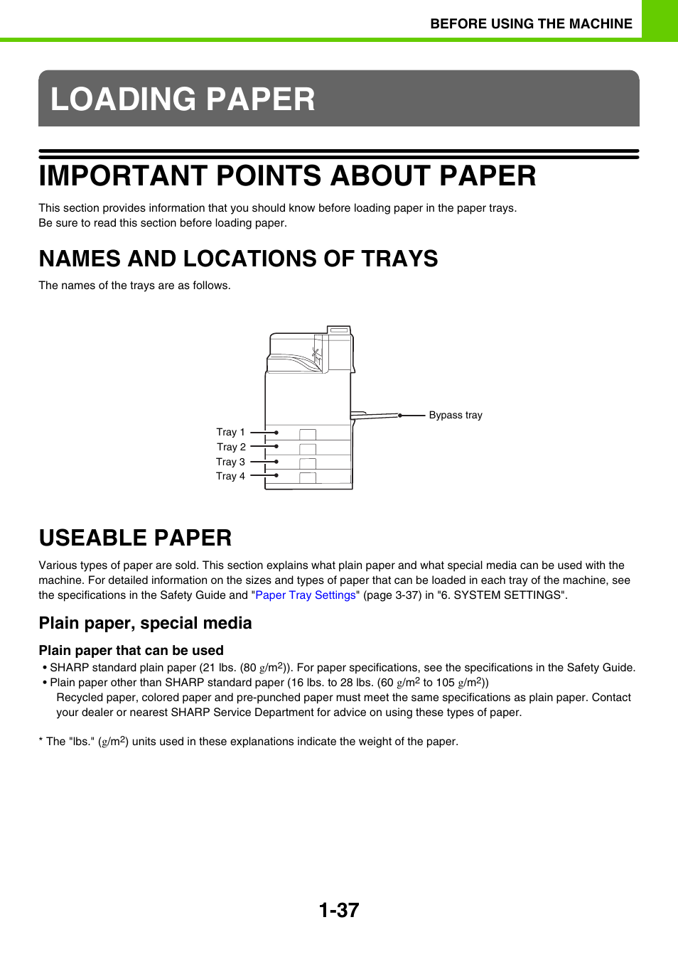 Loading paper, Important points about paper -37, Names and locations of trays -37 | Useable paper -37, Important points about paper, Names and locations of trays, Useable paper, Plain paper, special media | Sony MX-C400P User Manual | Page 40 / 257