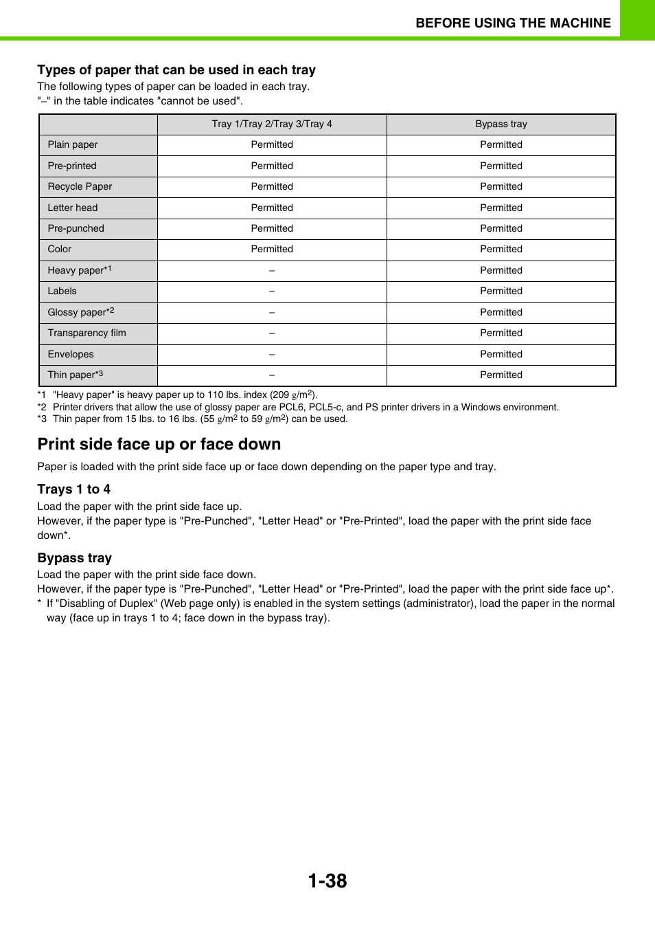 Print side face up or face down, Trays 1 to 4, Bypass tray | Sony MX-C400P User Manual | Page 41 / 257