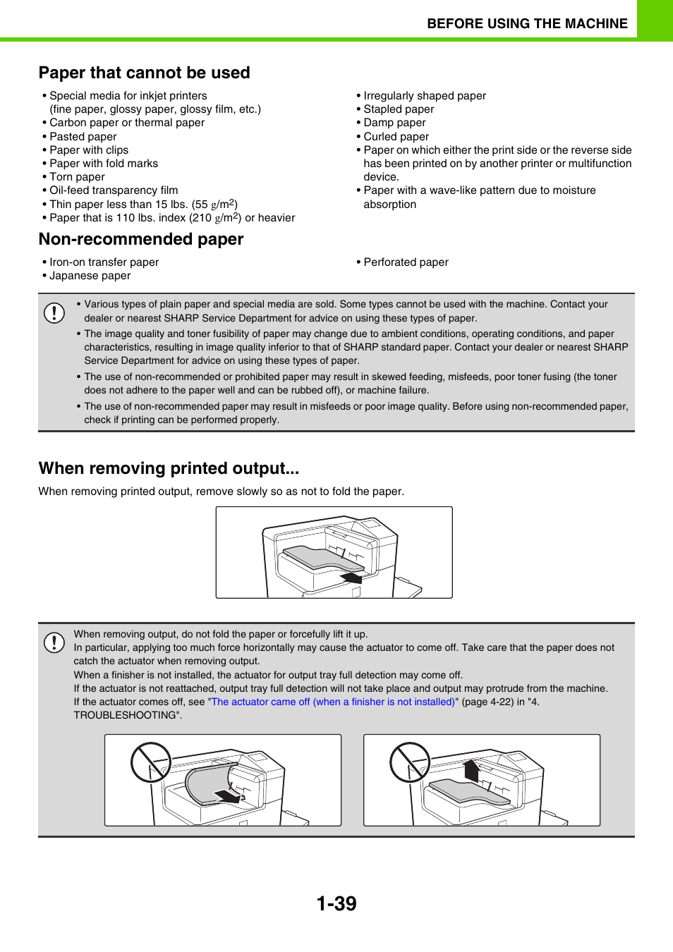 Paper that cannot be used, Non-recommended paper, When removing printed output | Sony MX-C400P User Manual | Page 42 / 257