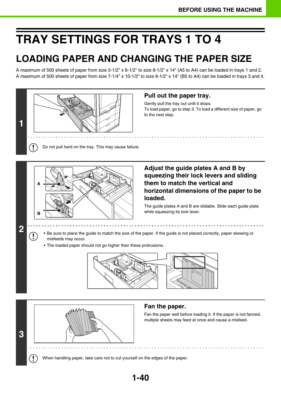 Tray settings for trays 1 to 4 -40, Loading paper and changing the, Paper size -40 | Tray settings for trays 1 to 4, Loading paper and changing the paper size | Sony MX-C400P User Manual | Page 43 / 257