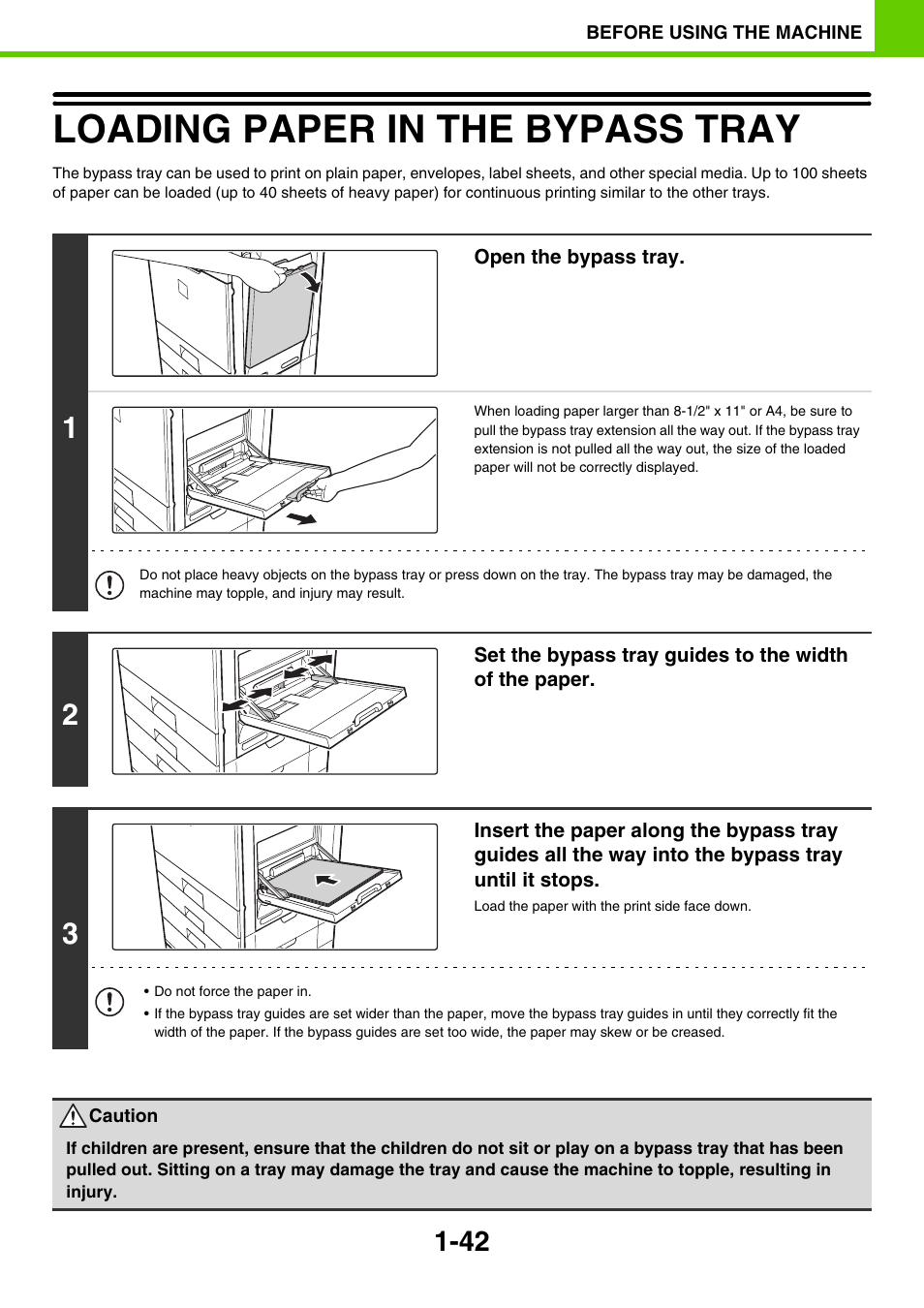 Loading paper in the bypass tray -42, Loading paper in the bypass tray | Sony MX-C400P User Manual | Page 45 / 257