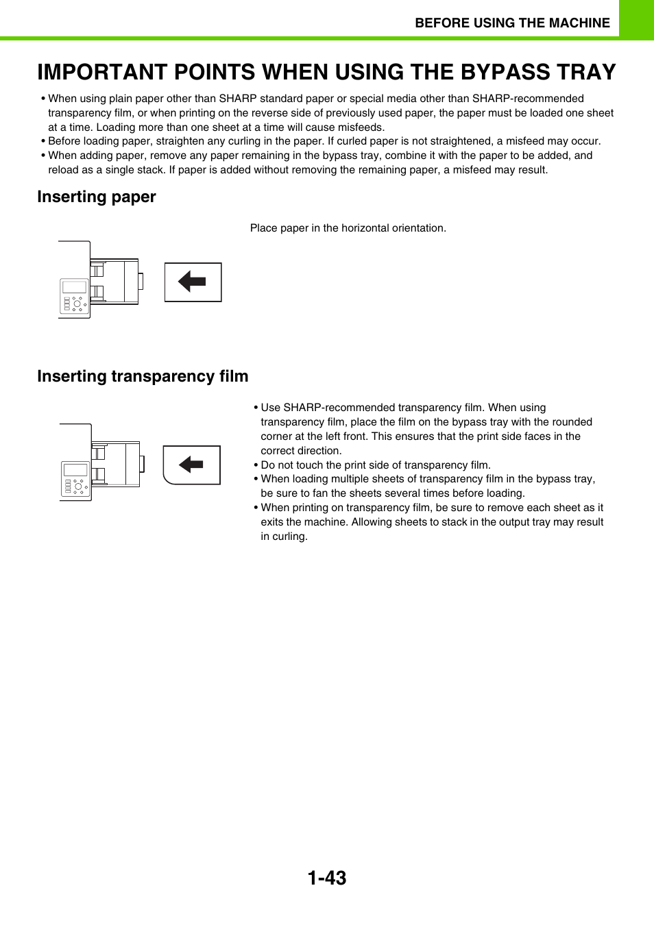 Important points when using the, Bypass tray -43, Important points when using the bypass tray | Inserting paper inserting transparency film | Sony MX-C400P User Manual | Page 46 / 257