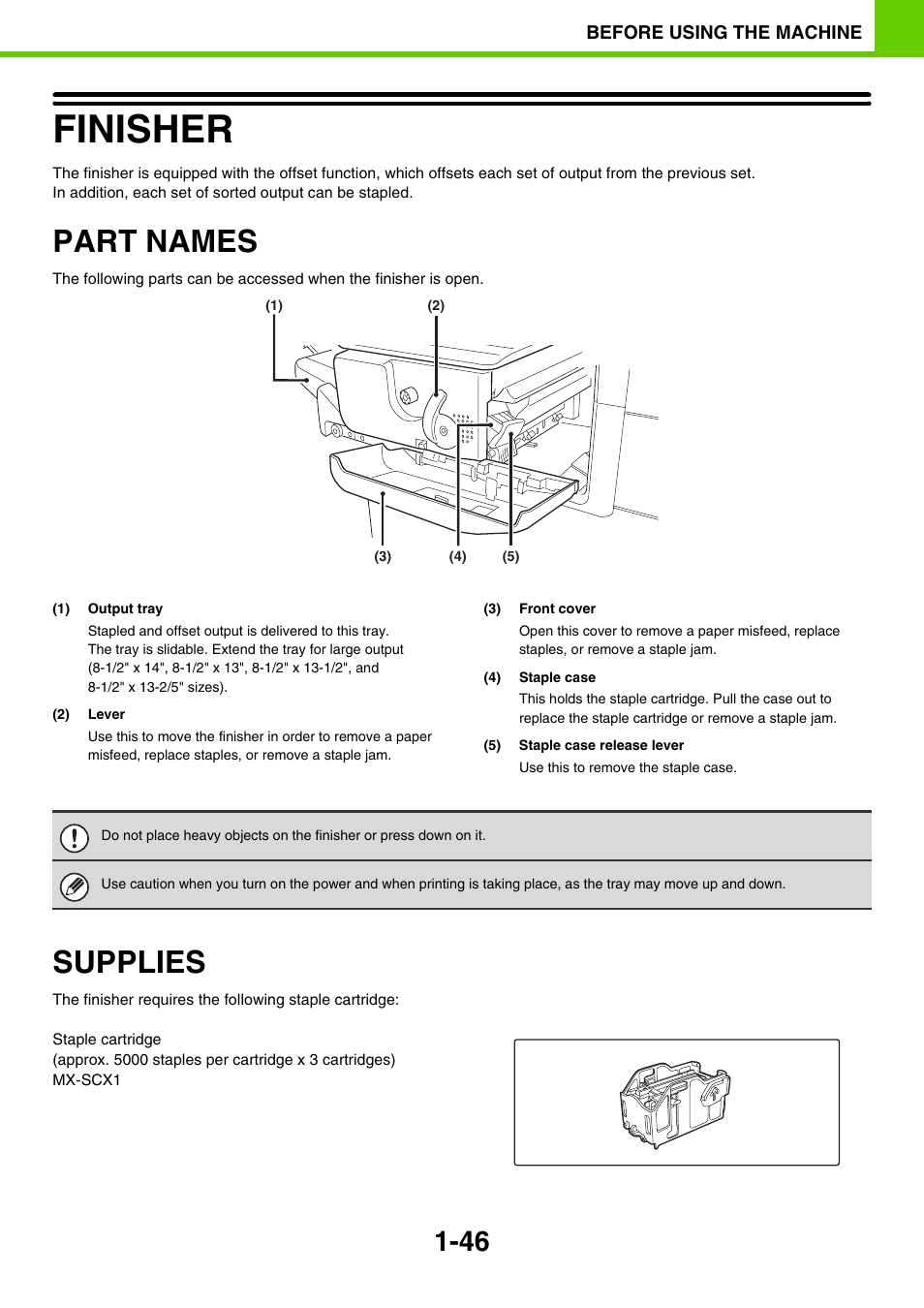 Finisher -46, Part names -46, Supplies -46 | Finisher, E 1-46), Part names, Supplies | Sony MX-C400P User Manual | Page 49 / 257