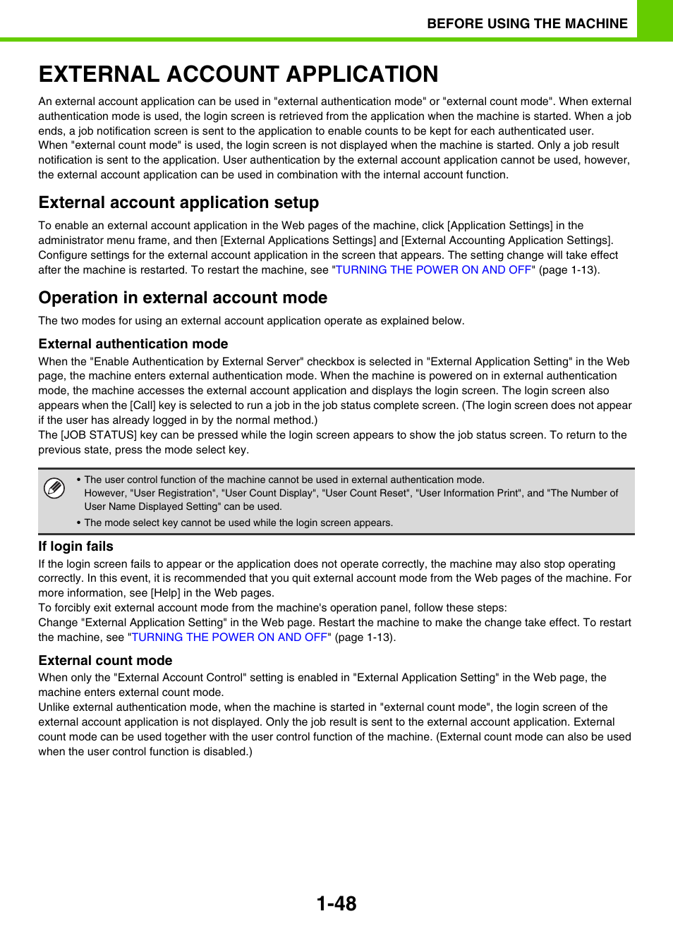 External account application -48, External account application, External account application setup | Operation in external account mode | Sony MX-C400P User Manual | Page 51 / 257