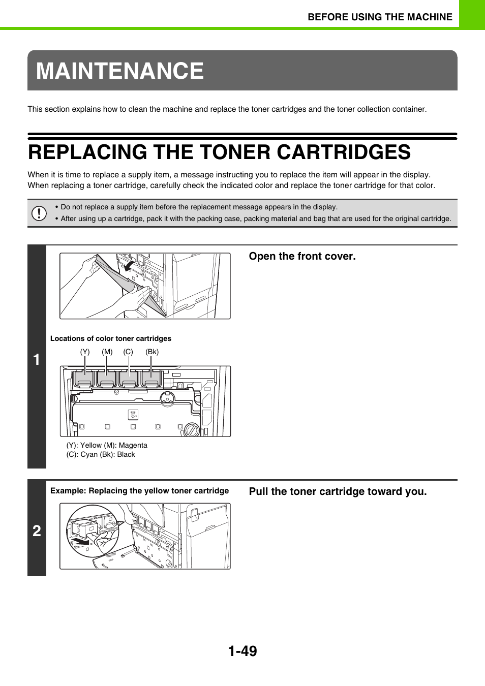 Maintenance, Replacing the toner cartridges -49, Replacing the toner cartridges | Sony MX-C400P User Manual | Page 52 / 257