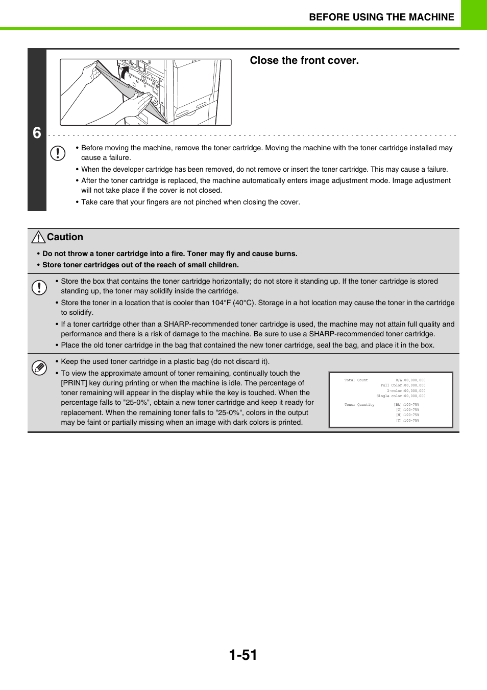 Close the front cover, Before using the machine, Caution | Sony MX-C400P User Manual | Page 54 / 257