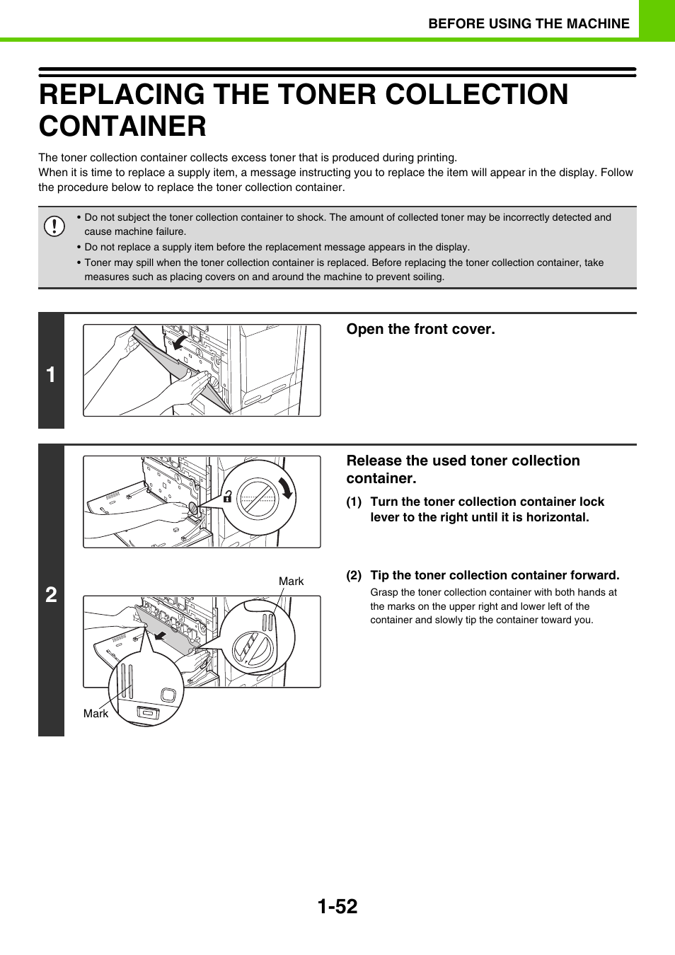 Replacing the toner collection container -52, Replacing the toner collection container, E 1-52) | Sony MX-C400P User Manual | Page 55 / 257