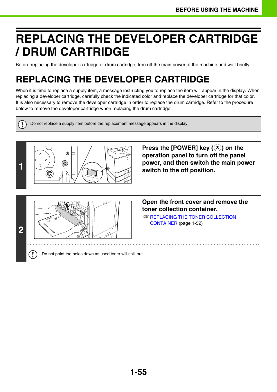 Replacing the developer, Cartridge -55, Replacing the developer cartridge | Replacing the developer cartridge / drum cartridge | Sony MX-C400P User Manual | Page 58 / 257