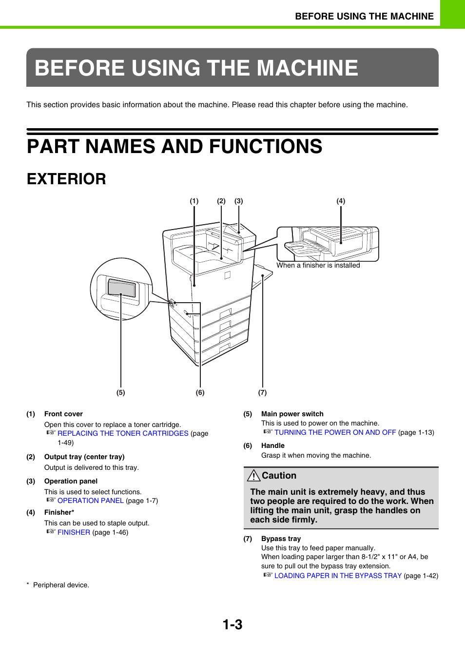 Before using the machine, Part names and functions -3, Exterior -3 | Part names and functions, Exterior | Sony MX-C400P User Manual | Page 6 / 257