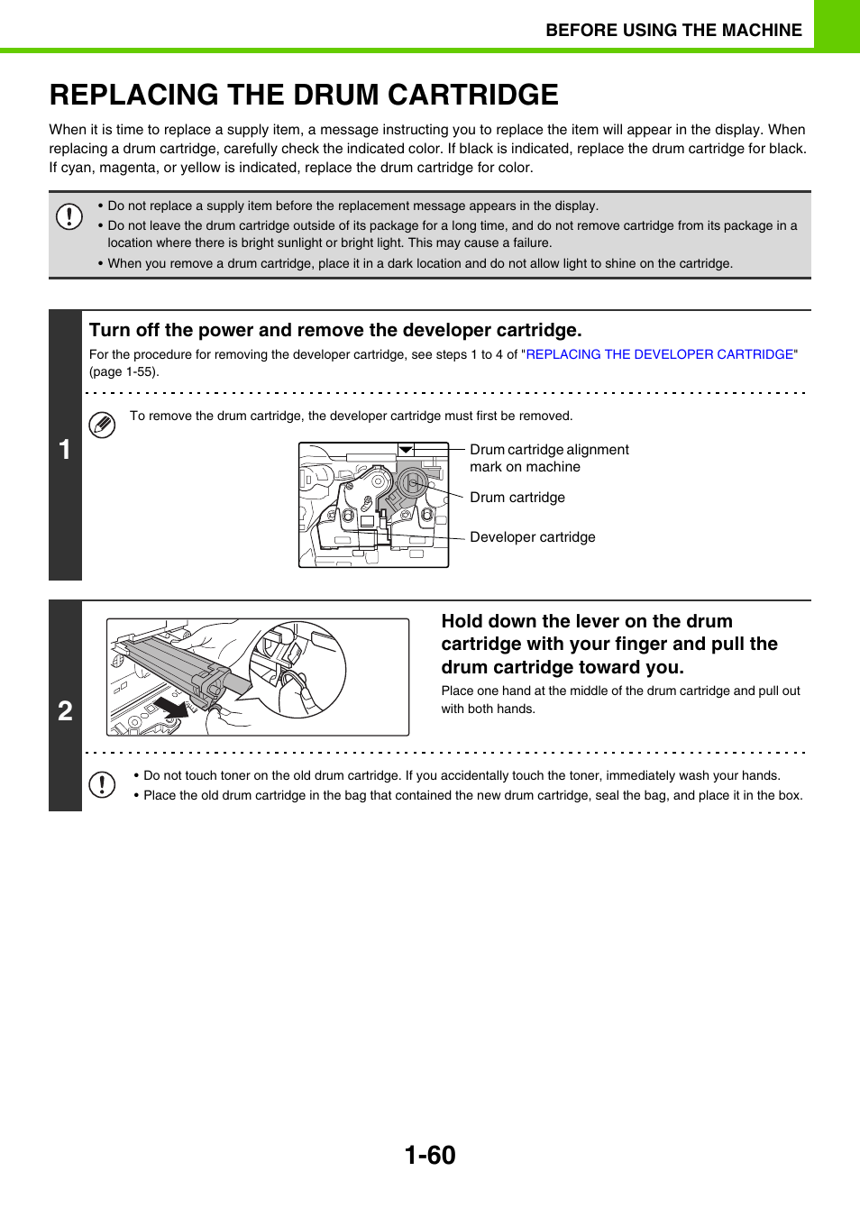 Replacing the drum cartridge -60, Replacing the drum cartridge, Age 1-60) | Sony MX-C400P User Manual | Page 63 / 257