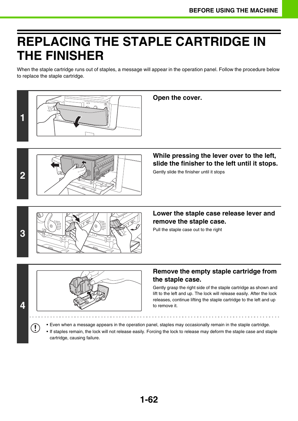 Replacing the staple cartridge in the finisher -62, Replacing the staple cartridge in the finisher | Sony MX-C400P User Manual | Page 65 / 257