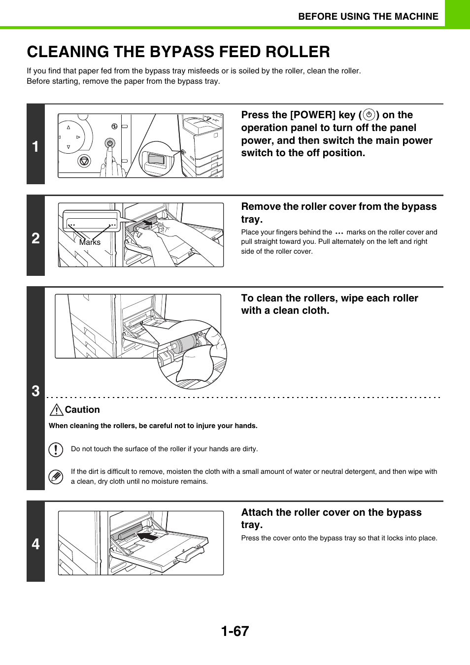 Cleaning the bypass feed roller -67, Cleaning the bypass feed roller | Sony MX-C400P User Manual | Page 70 / 257